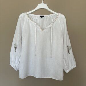 Talbots M Peasant Top Linen Cotton Beaded Palm Trees White Beachy Boho White